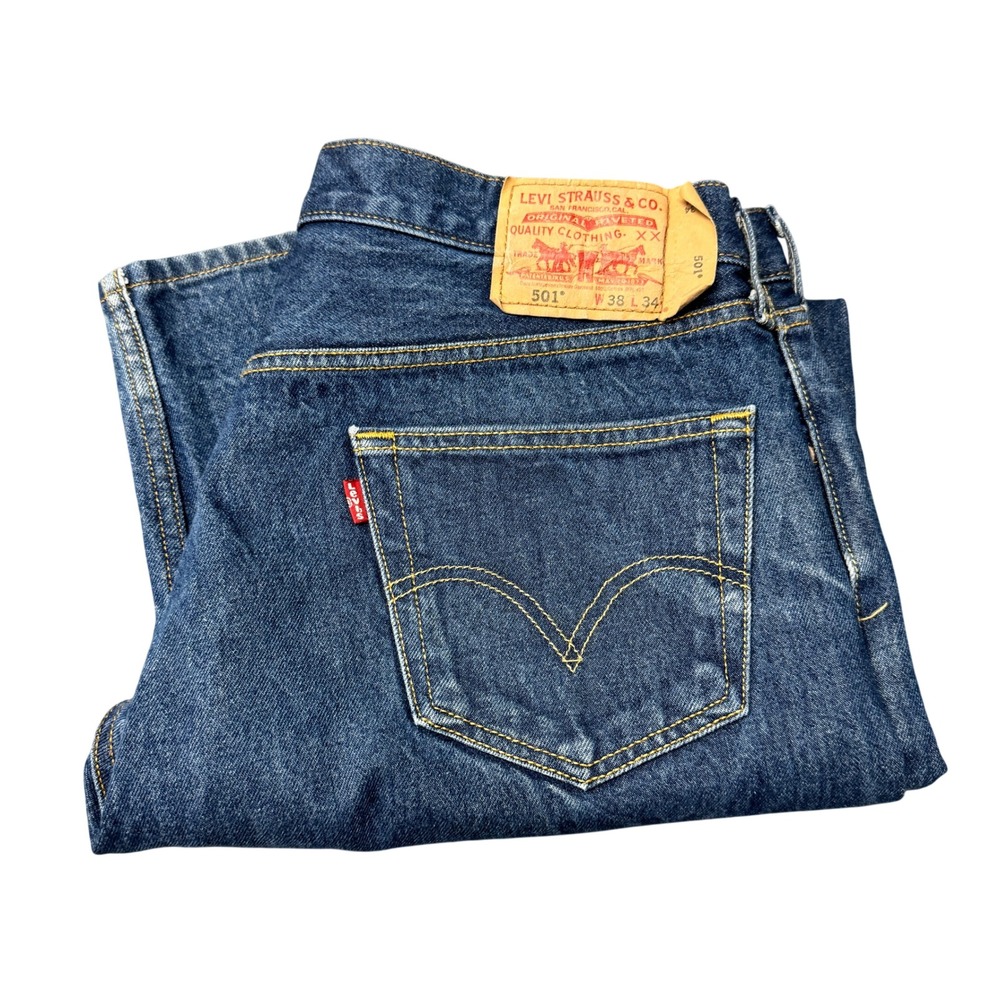 Vintage Levi's 501 Jeans Mens 38x34 Straight Fit Blue Denim Button Fly HEMMED